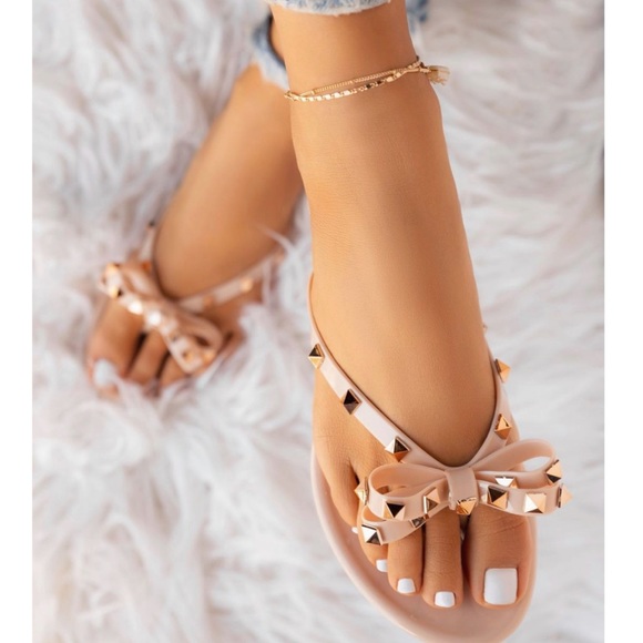 Nude Jelly Gold Studded Thong Sandals - Picture 2 of 8